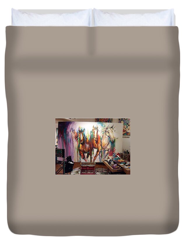 Horses Duvet Cover featuring the painting Wild wild horses by Heather Roddy