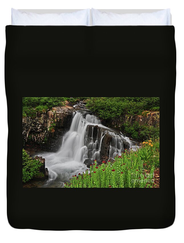 Waterfall Duvet Cover featuring the photograph Wildflower Falls by Randy Rogers