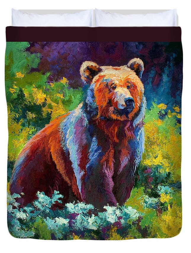 Bear Duvet Cover featuring the painting Wildflower Grizz by Marion Rose