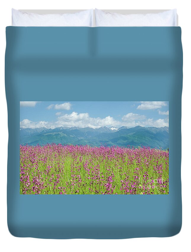 Farm Duvet Cover featuring the photograph Wildflower Meadows and the Carpathian Mountains, Romania by Perry Rodriguez