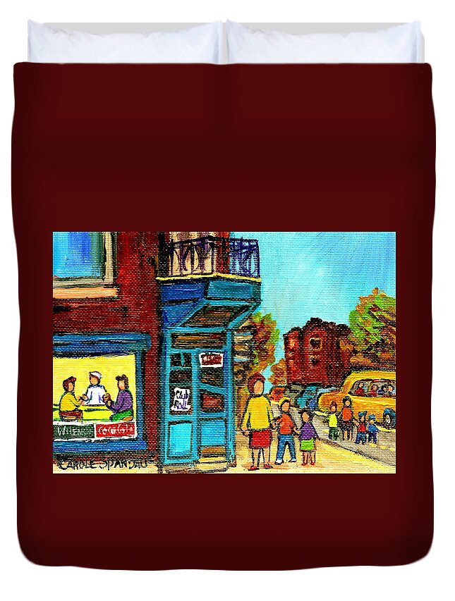 Montreal Duvet Cover featuring the painting Wilensky's Counter With School Bus Montreal Street Scene by Carole Spandau