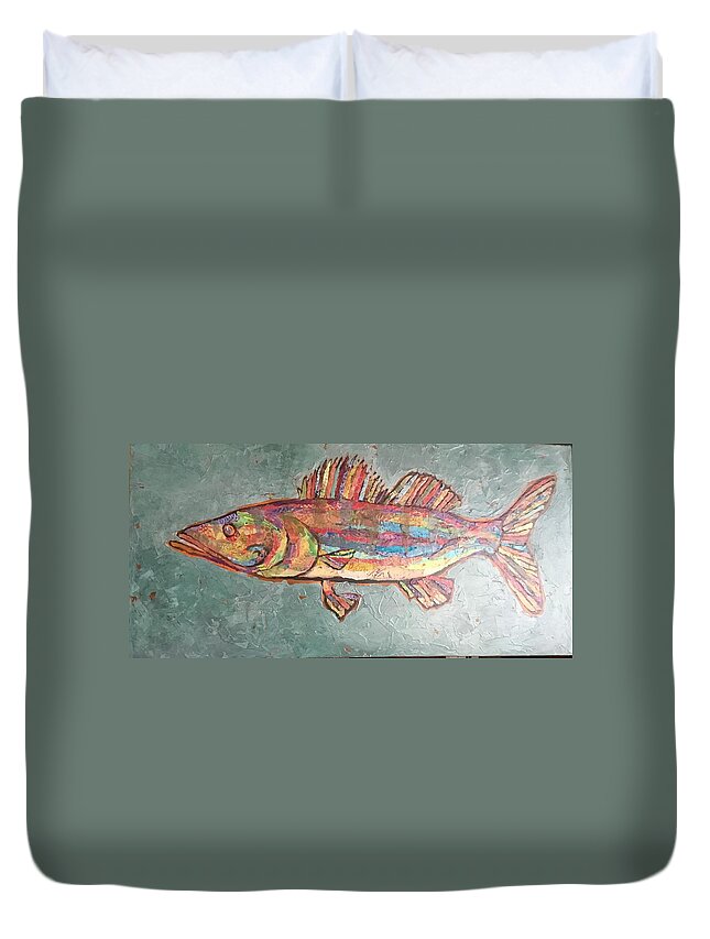 Fish Duvet Cover featuring the painting Willie the Walleye by Phiddy Webb