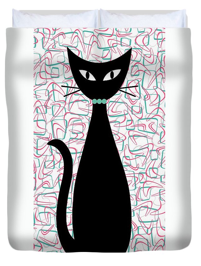 Mid Century Modern Duvet Cover featuring the digital art Boomerang Cat in Aqua and Pink by Donna Mibus