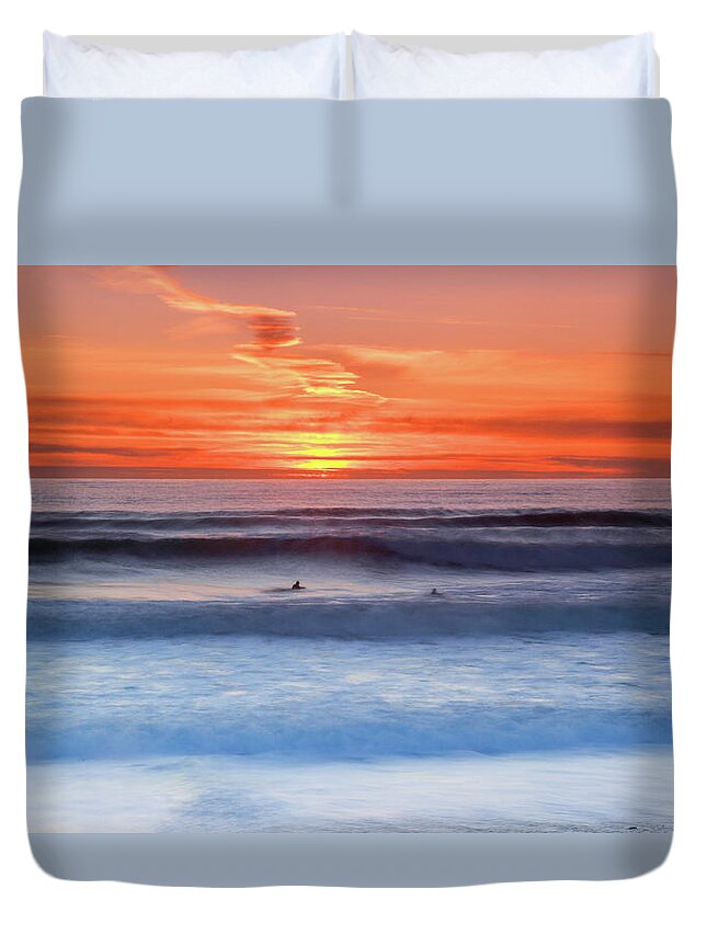 Sunset Duvet Cover featuring the photograph Wind Surfers waiting for the next wave, Summerleaze Beach, Bude, Cornwall, UK by Maggie Mccall