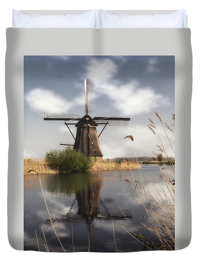 Windmill Duvet Cover featuring the photograph Windmill at Kinderdijk in Holland by Tim Abeln