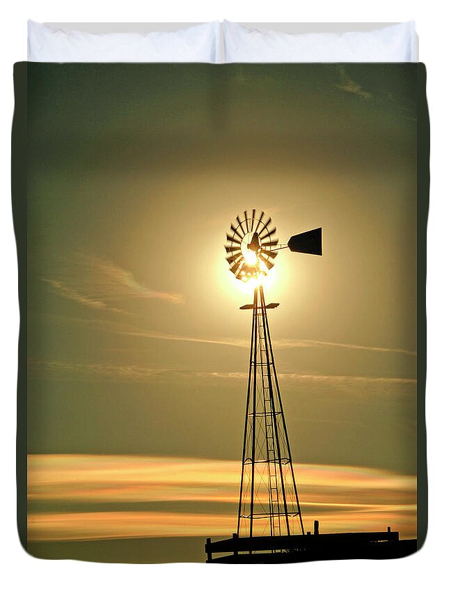 Windmill Photography. Fine Art Windmill Greeting Cards. Sunset Windmill Photography. Wind Mill Picture. Landscape Photography. Nature Photography. Soltude. Windmill On The Horizon Photography. Sun. Wind. Clouds. Sky. Rain. Landscaspe. Sunrise. Sunset. Night. Duvet Cover featuring the photograph Windmill in Colorado by James Steele