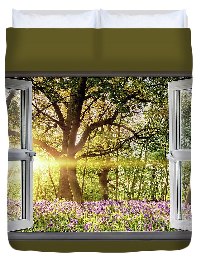 Window Duvet Cover featuring the photograph Window open onto bluebell forest sunrise by Simon Bratt