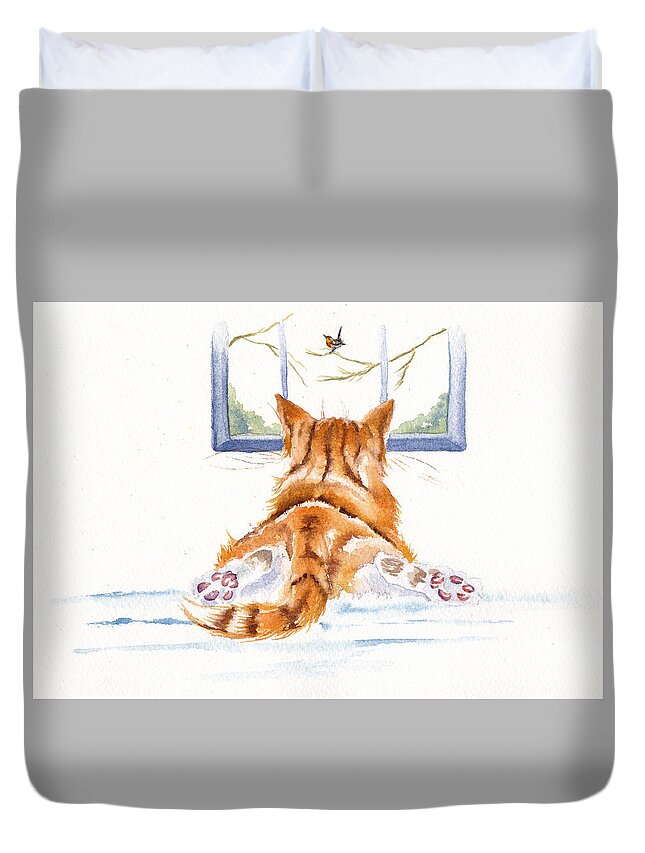 Cats Duvet Cover featuring the painting Cat - Window Shopping by Debra Hall
