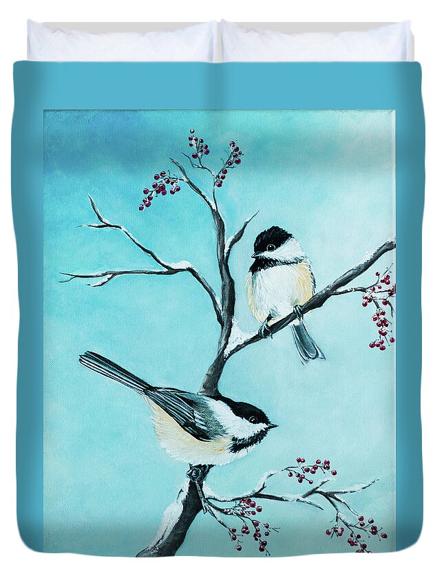 Chickadee's Duvet Cover featuring the painting Windows View by Vivian Casey Fine Art