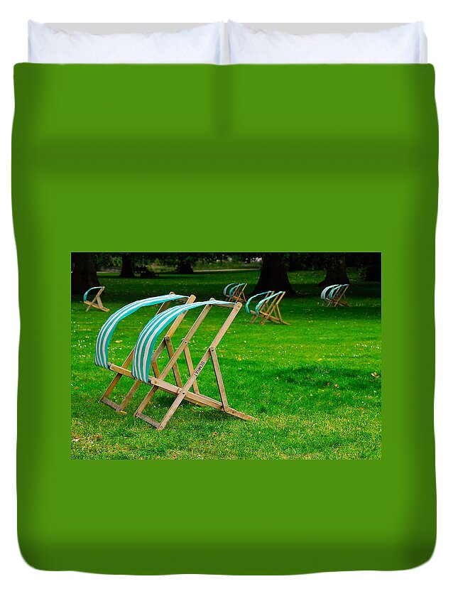 Lawn Chairs Duvet Cover featuring the photograph Windy Chairs by Harry Spitz