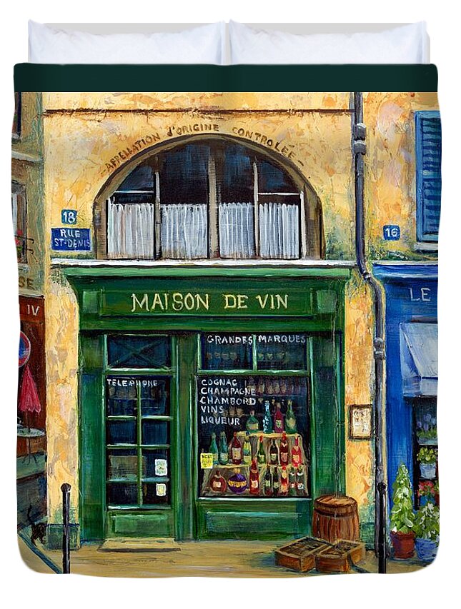 French Street Scene Duvet Cover featuring the painting Wine And Flowers by Marilyn Dunlap