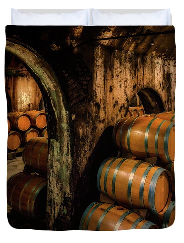 Hermann Missouri Duvet Cover featuring the photograph Wine Barrels at Stone Hill Winery_7R2_DSC0318_16-08-18 by Greg Kluempers