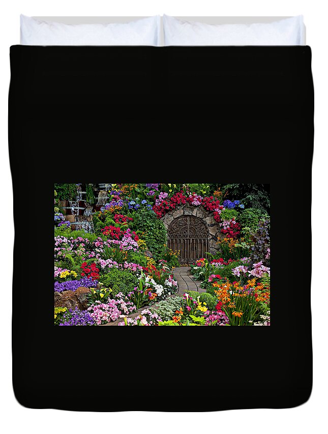Flowers Duvet Cover featuring the photograph Wine celler gates by Garry Gay