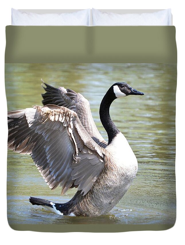 Goose Duvet Cover featuring the photograph Wing Flapping by Bonfire Photography