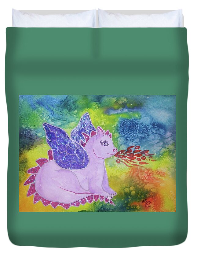 Dragon Duvet Cover featuring the painting Winged Dragon by Ellen Levinson