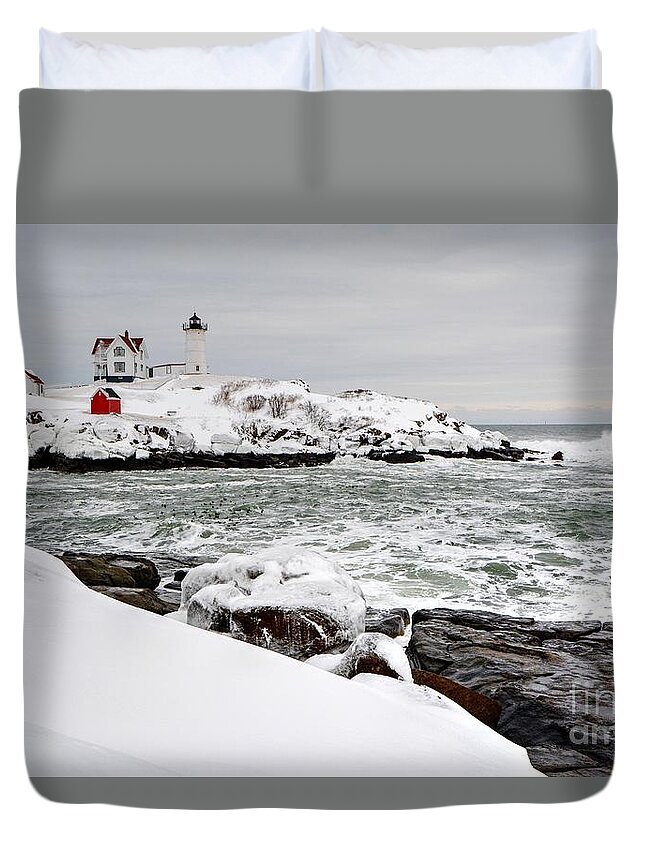 Nubble Lighthouse Duvet Cover featuring the photograph Winter at the Nubble by Steve Brown
