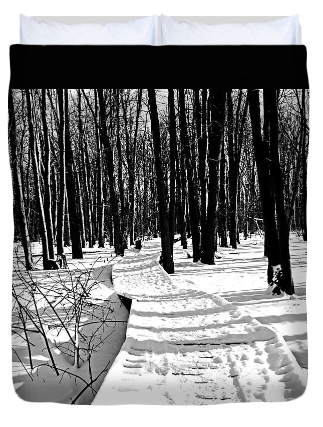 Boardwalk Duvet Cover featuring the photograph Winter Boardwalk In Black And White by Debbie Oppermann