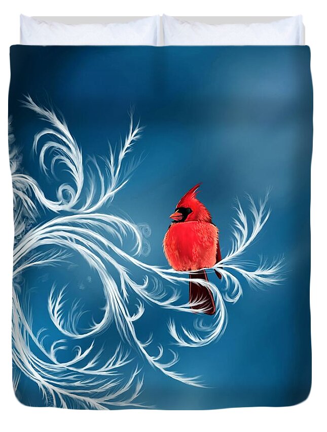 Bird Duvet Cover featuring the digital art Winter Cardinal by Norman Klein