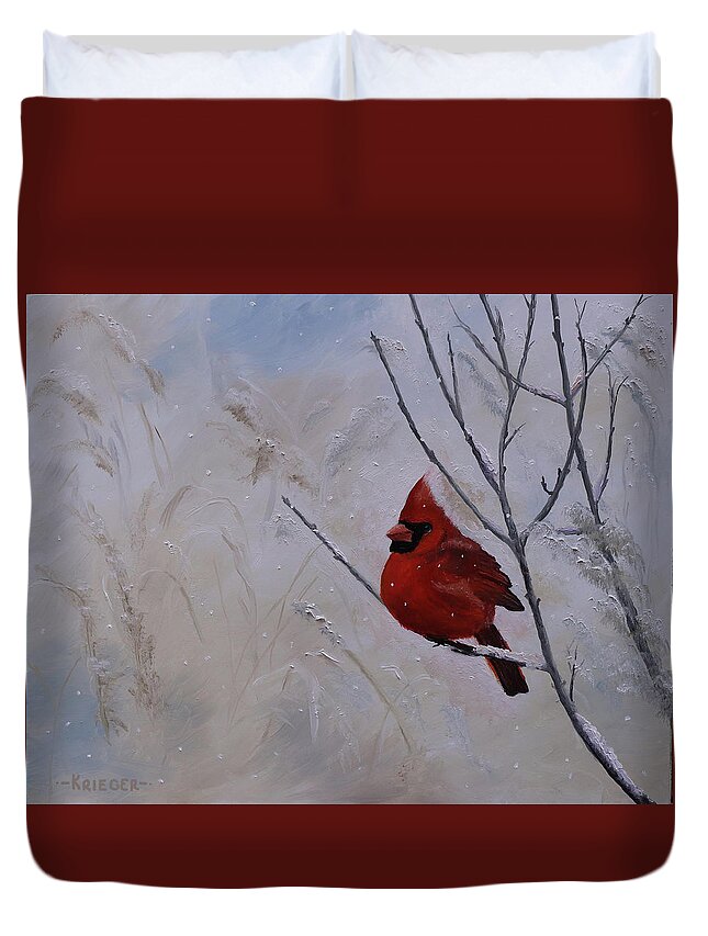 Cardinal Duvet Cover featuring the painting Winter Cardinal by Stephen Krieger