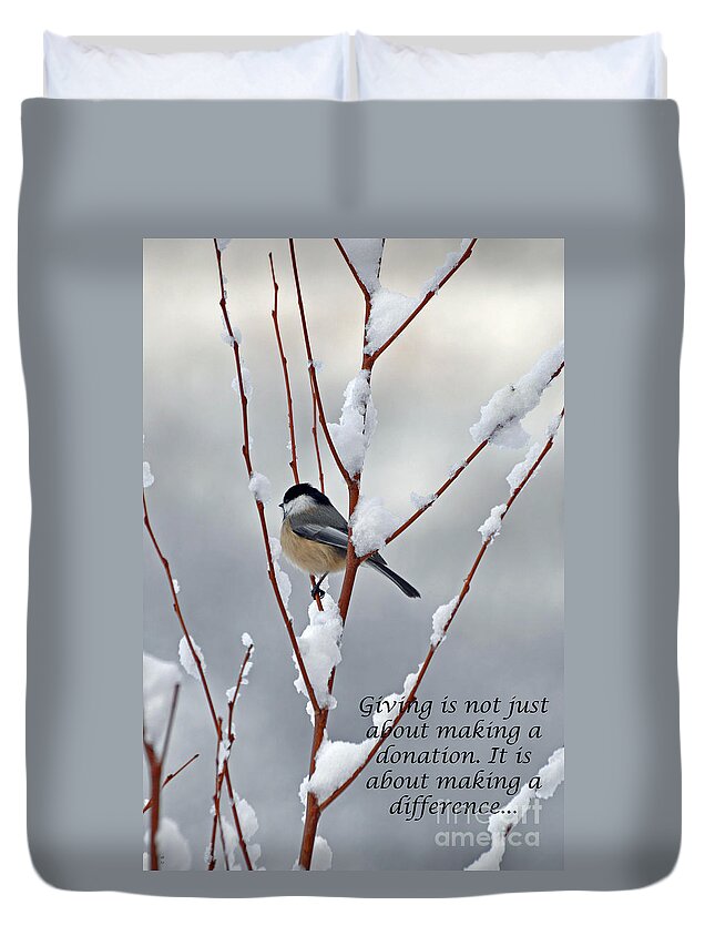 Diane Berry Duvet Cover featuring the photograph Winter Chickadee Giving by Diane E Berry