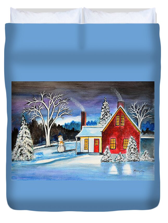 Snowman Duvet Cover featuring the painting Winter Cottage by Manjiri Kanvinde