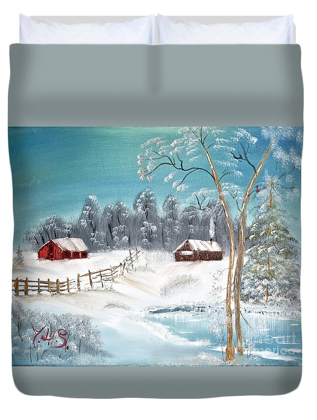 Oil On Canvas Duvet Cover featuring the painting Winter Farm by Joseph Summa