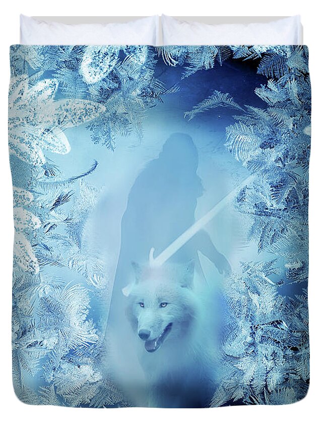 Jon Snow And Ghost Duvet Cover featuring the digital art Winter is here - Jon snow and Ghost - game of thrones by Lilia D