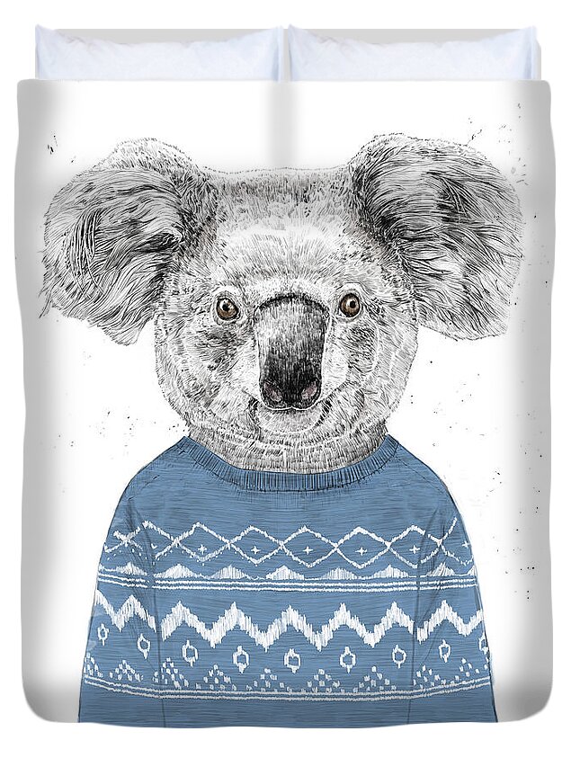 Koala Duvet Cover featuring the drawing Winter koala by Balazs Solti