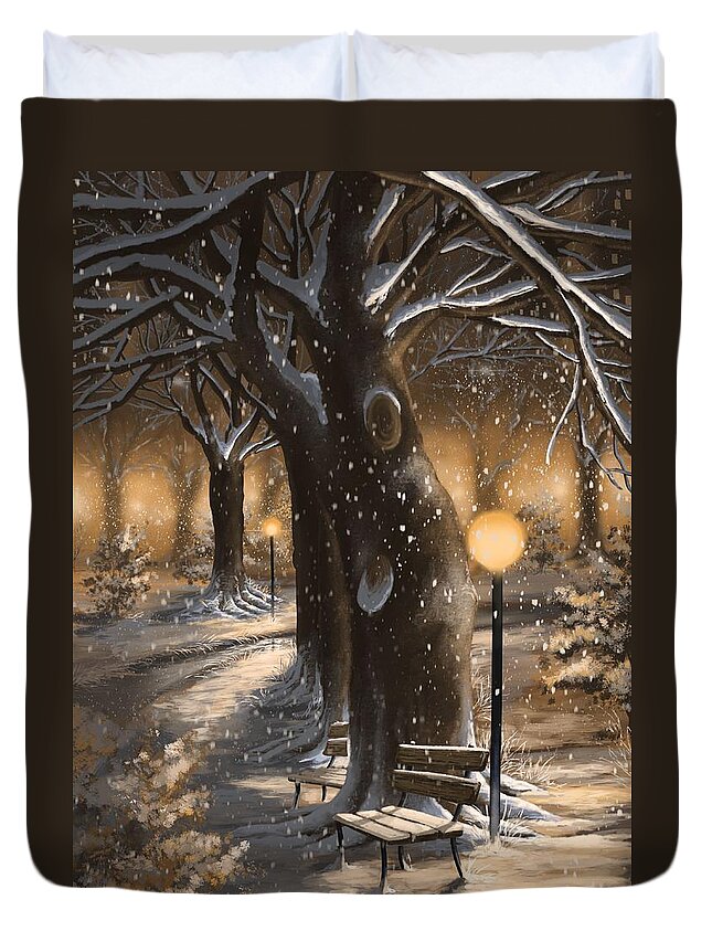Winter Duvet Cover featuring the painting Winter magic by Veronica Minozzi