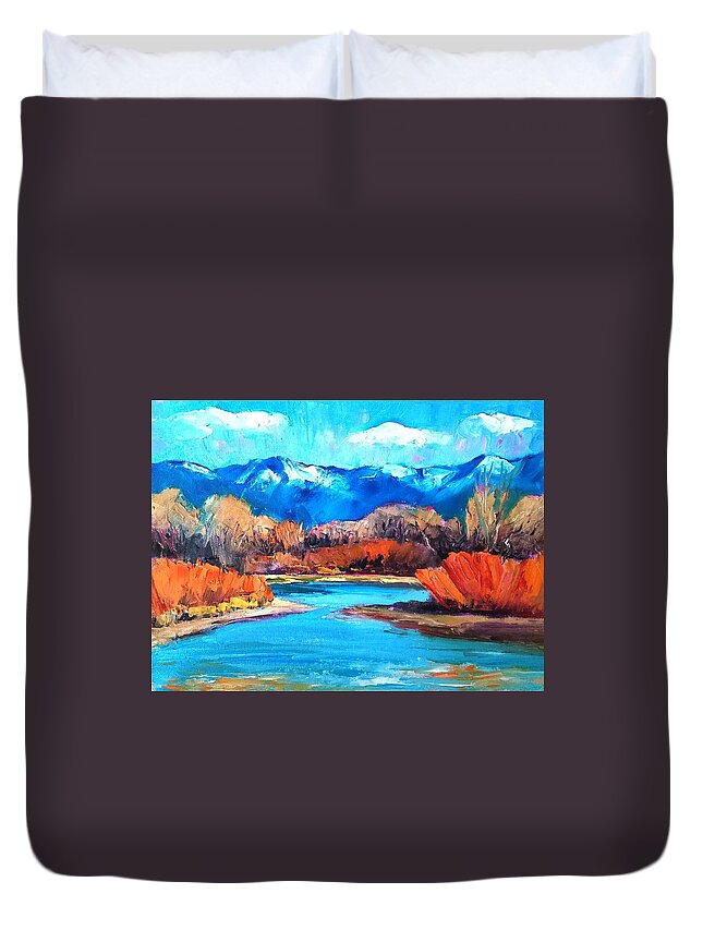 Landscape Duvet Cover featuring the painting Winter on the Rio Grande by Marian Berg
