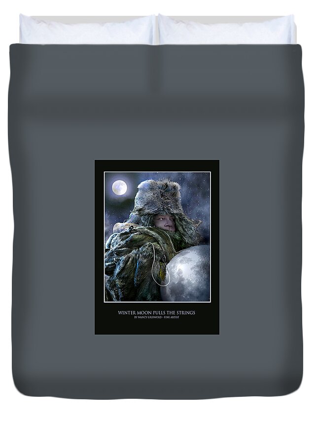 Card Duvet Cover featuring the digital art Winter Moon Pulls Strings Card Design by Nancy Griswold
