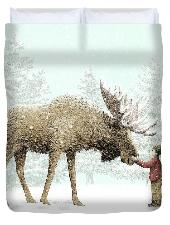 Moose Duvet Cover featuring the drawing Winter Moose by Eric Fan