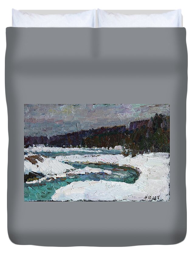 Winter Duvet Cover featuring the painting Winter river by Juliya Zhukova