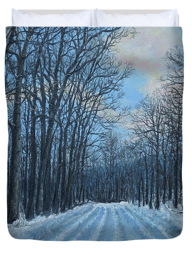 Forest Road Duvet Cover featuring the painting Winter Road to the Gas Well by Kathleen McDermott