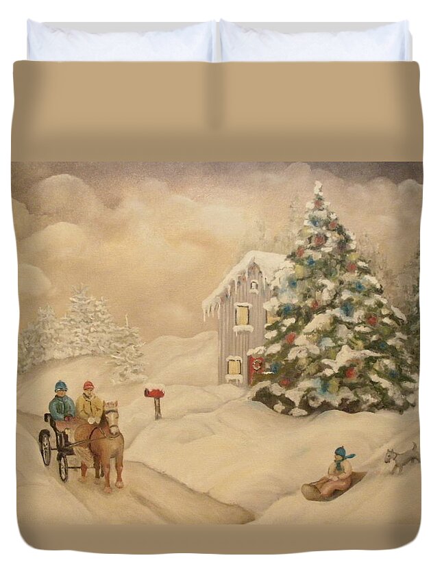 Snow Duvet Cover featuring the painting Winter scene by John Stuart Webbstock