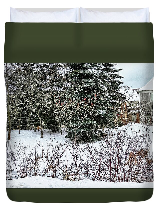 Blue Mountain Village Duvet Cover featuring the photograph Winter scene by Tatiana Travelways