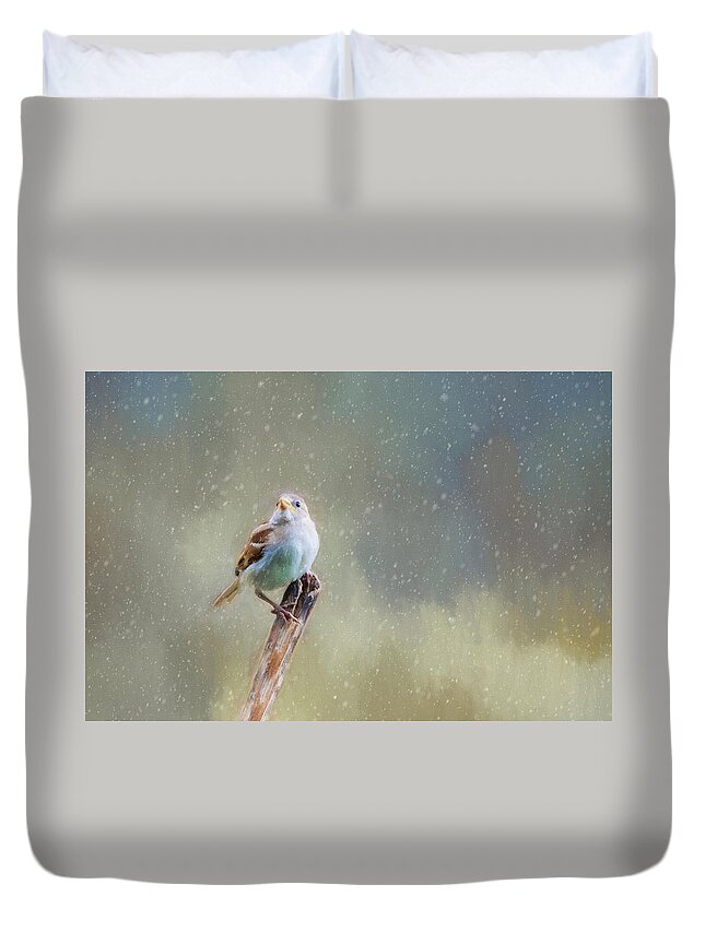 Winter Duvet Cover featuring the photograph Winter Sparrow by Cathy Kovarik