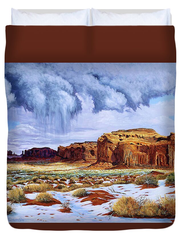 Morning Duvet Cover featuring the painting Winter Storm in Mystery Valley by Timithy L Gordon