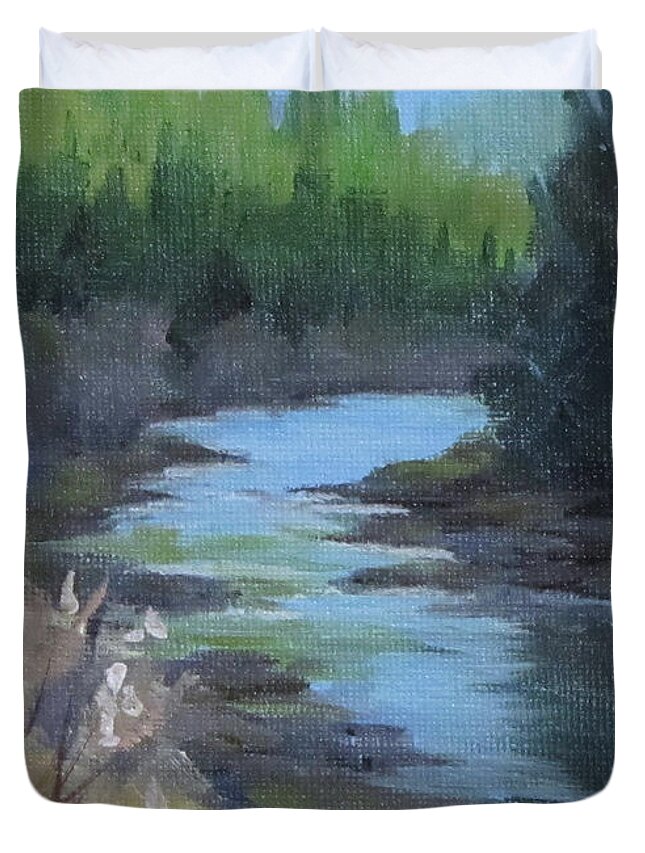 River Duvet Cover featuring the painting Winter Sun - Daily Painting by Karen Ilari