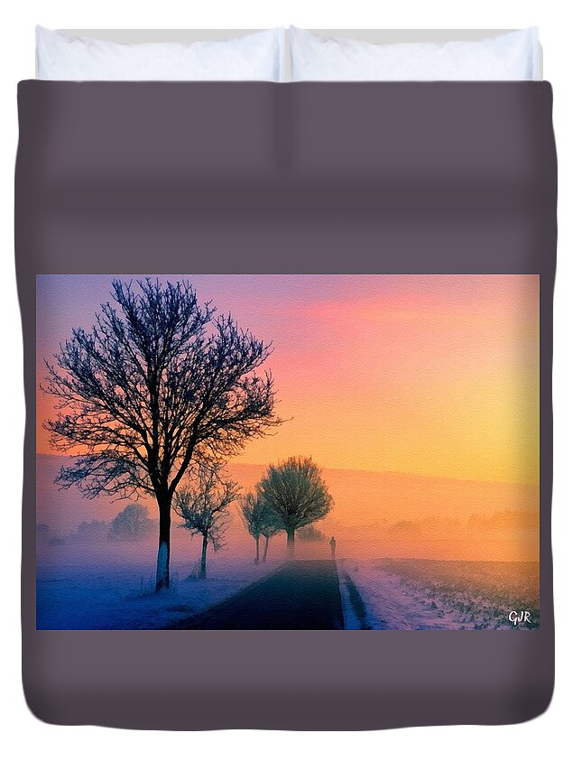 Sunrise Duvet Cover featuring the digital art Winter Sunrise Sonata For Five Tree Violins And Fog Harpsichord Continuo L A S by Gert J Rheeders