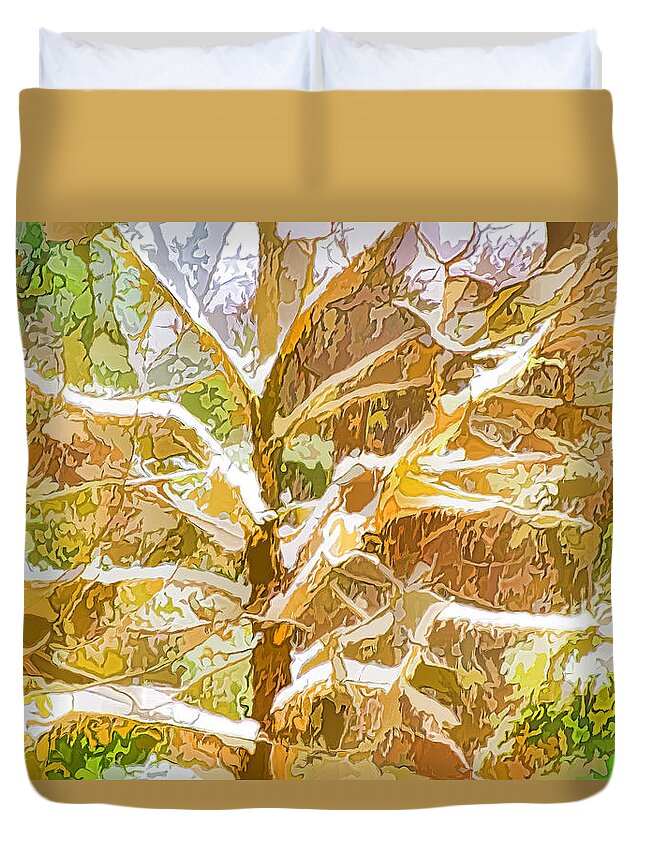 Snow Duvet Cover featuring the painting Winter trees on snow 2 by Jeelan Clark