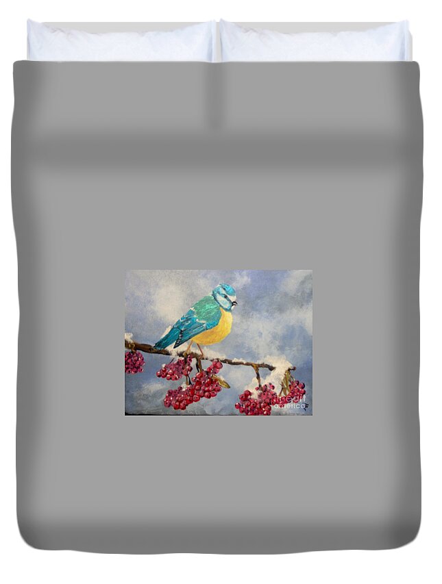 Bird Duvet Cover featuring the painting Winter Watch by Saundra Johnson