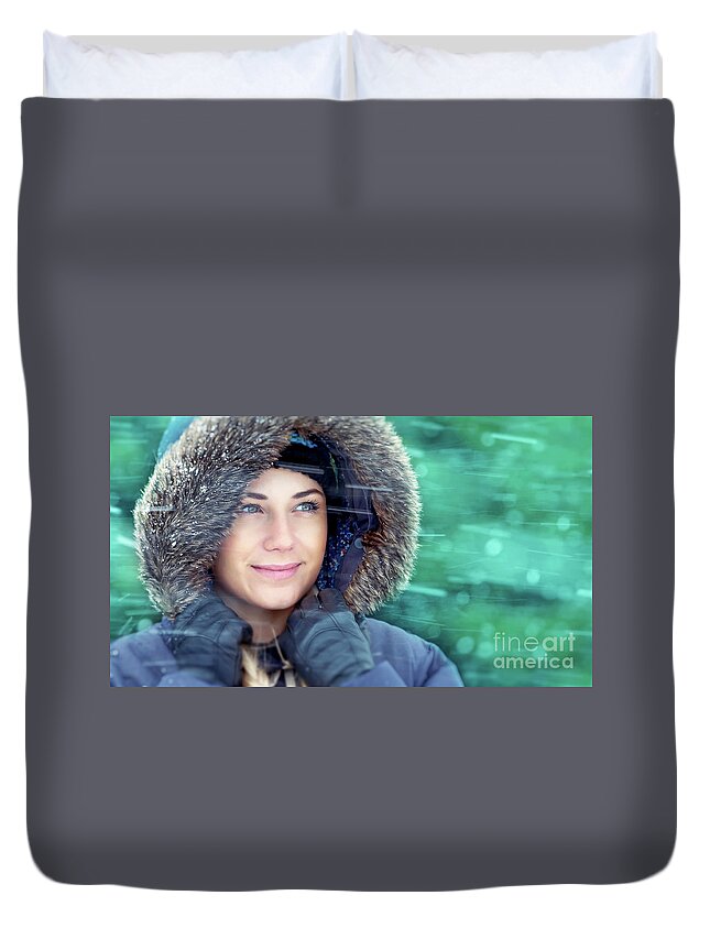 Adult Duvet Cover featuring the photograph Winter woman portrait by Anna Om