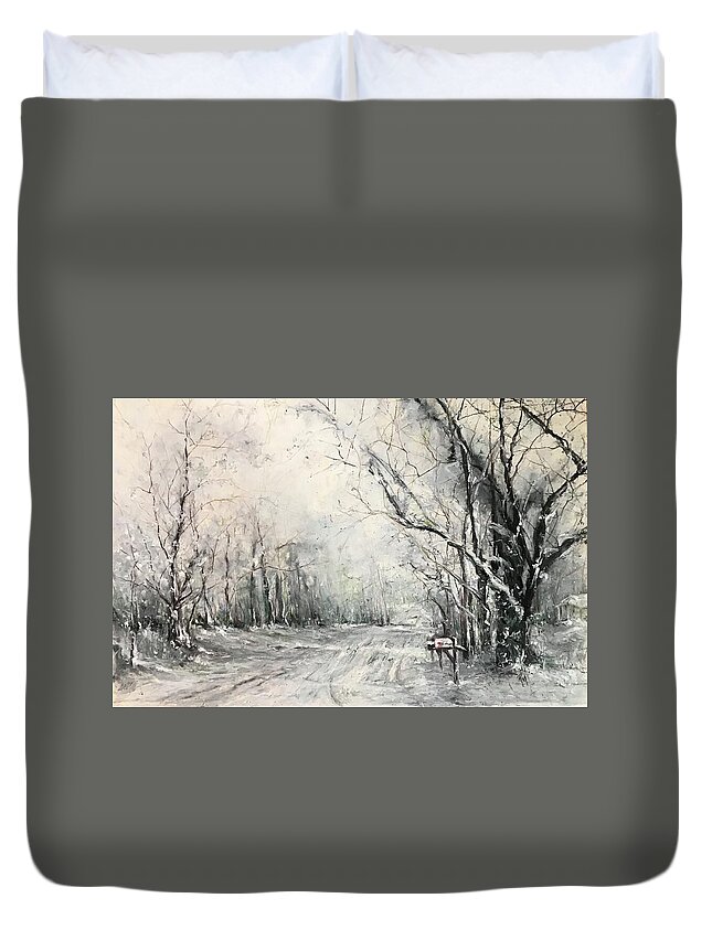 Oil Pastel Duvet Cover featuring the painting Dee Street Series Winter Wonderland by Robin Miller-Bookhout