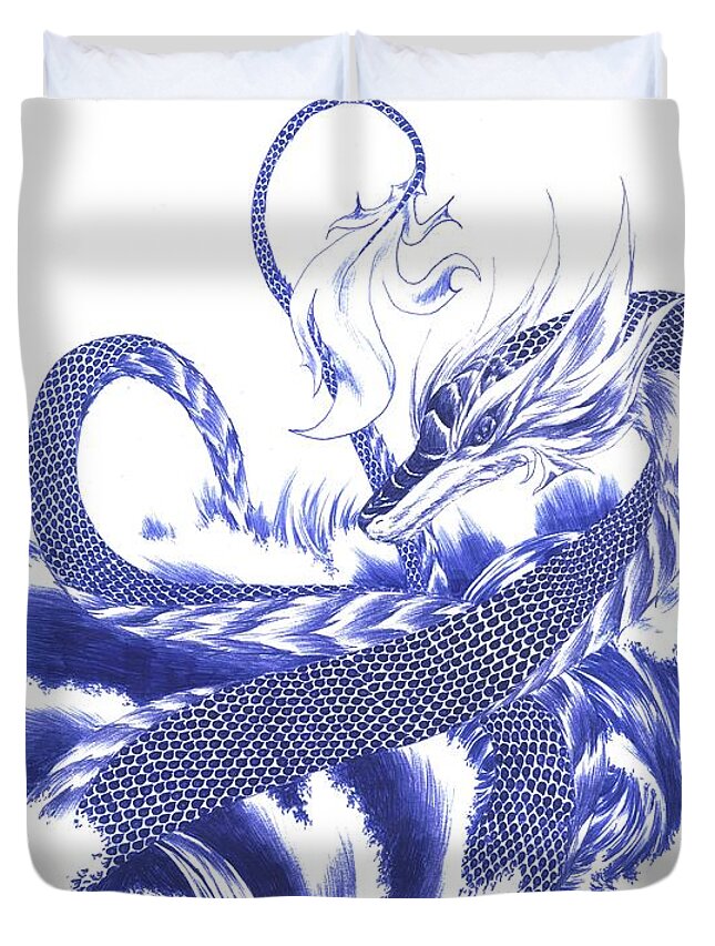 Dragon Duvet Cover featuring the drawing Wisdom by Alice Chen