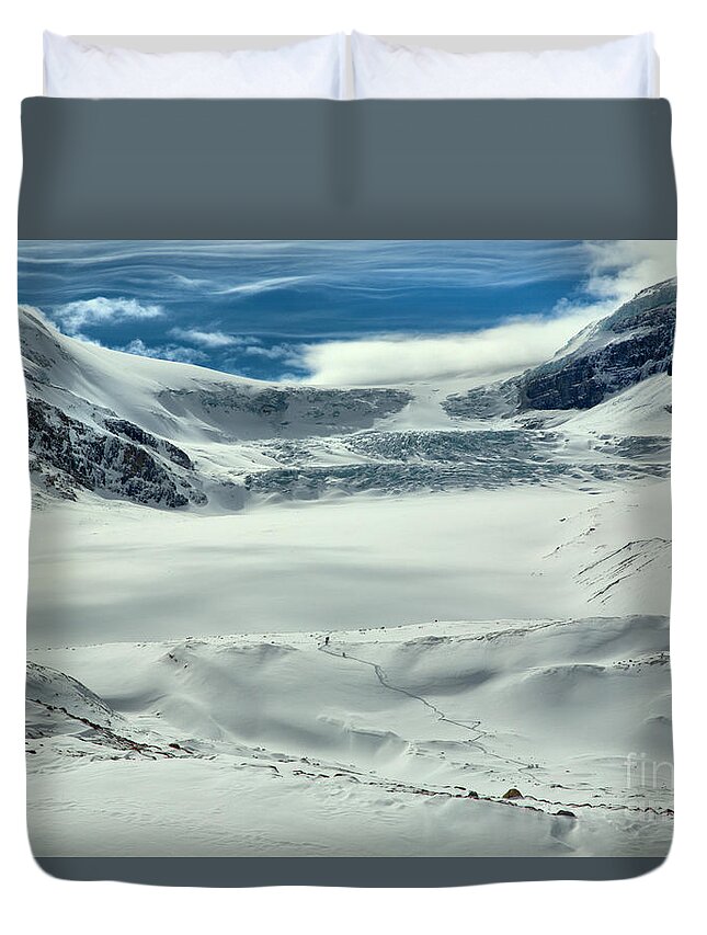Columbia Icefield Duvet Cover featuring the photograph Wispy Clouds Over The Athabasca Glacier by Adam Jewell