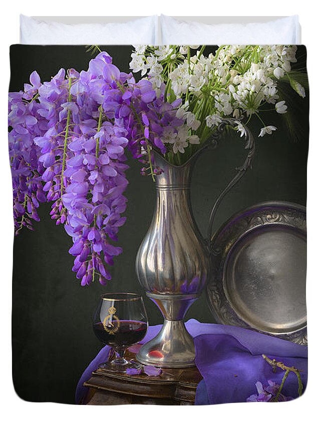 Enology Duvet Cover featuring the photograph Wisteria and Allium ursinum by Giovanni Allievi