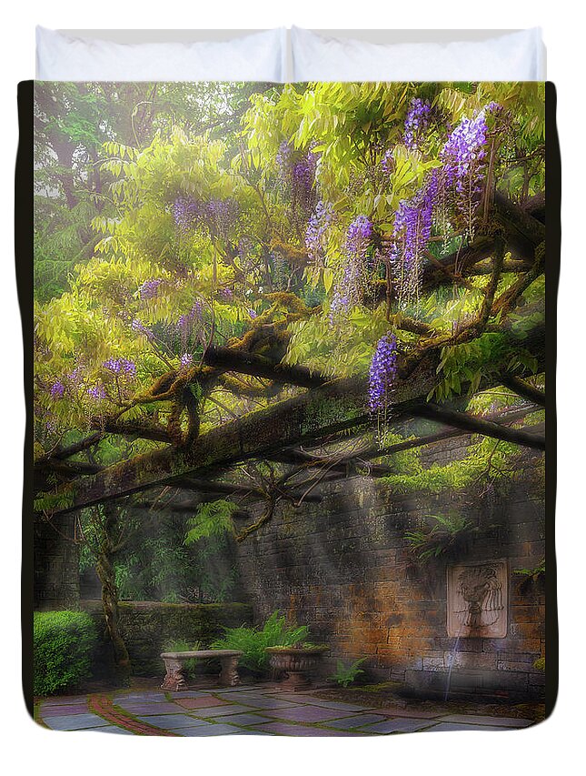 Garden Duvet Cover featuring the photograph Wisteria Flowers Blooming on Trellis over Water Fountain by David Gn