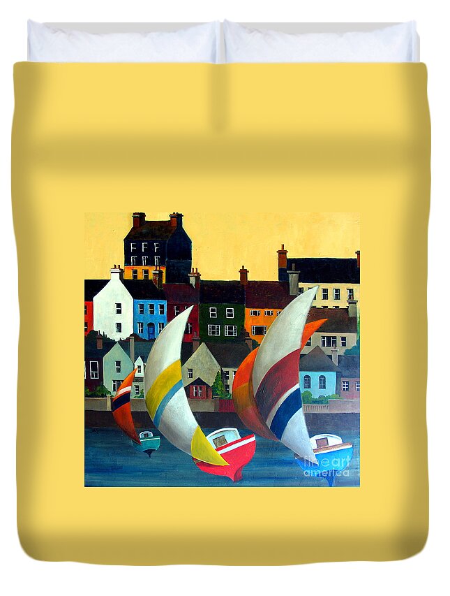 Wild Atlantic Way Cork Duvet Cover featuring the painting With the wind in Kinsale, West Cork by Val Byrne