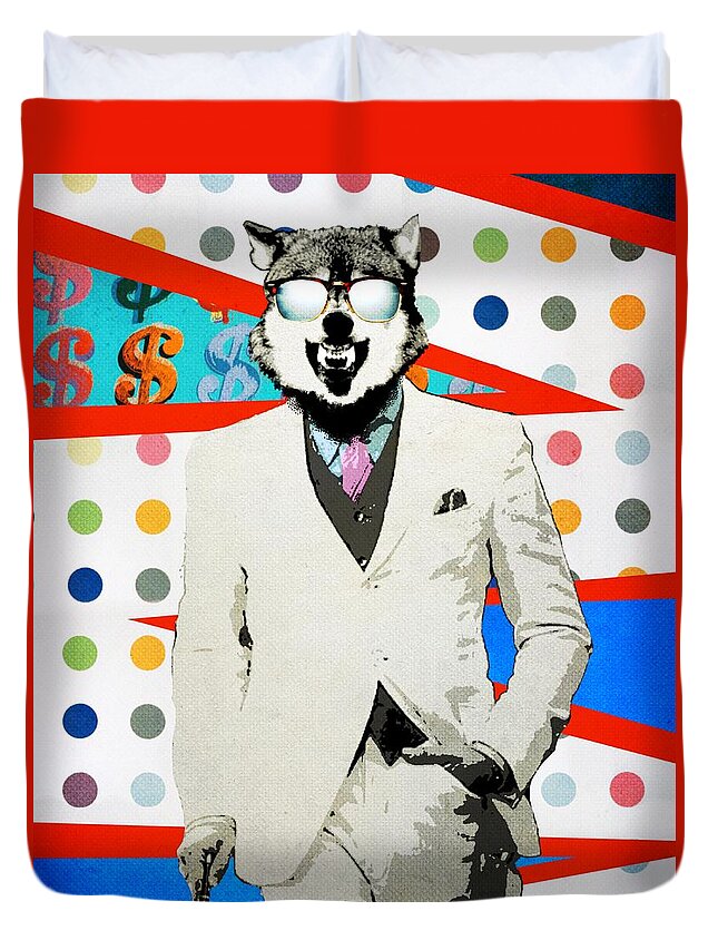 Wolf Of Wall Street Duvet Cover featuring the mixed media Wolf of Wall Street by Surj LA